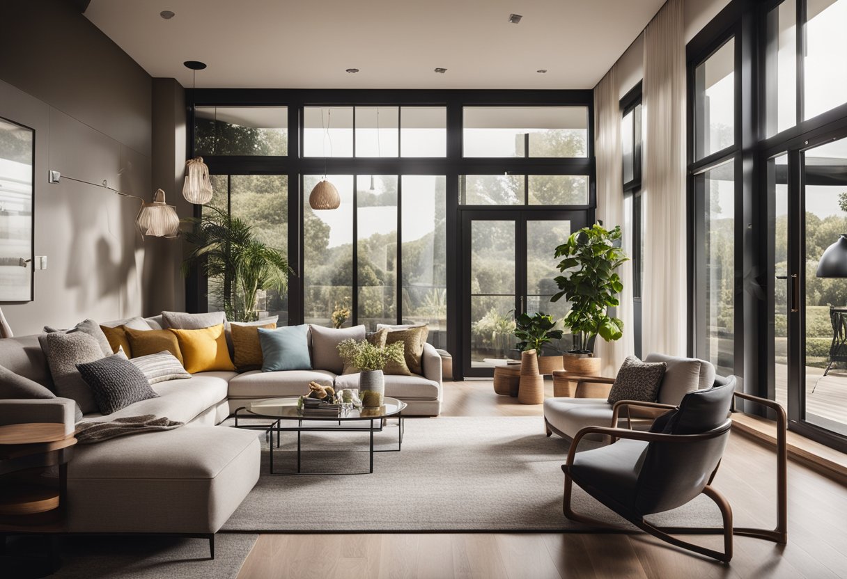 A cozy living room with modern furniture, warm lighting, and vibrant decor. A large window lets in natural light, highlighting the elegant design