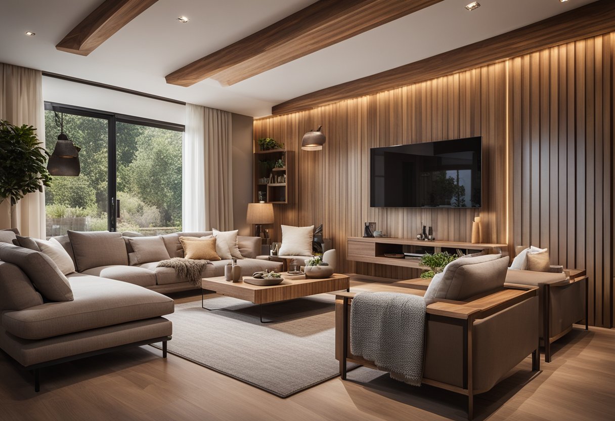 A cozy living room with a simple wooden ceiling, featuring clean lines and warm tones. Light fixtures are strategically placed for optimal illumination