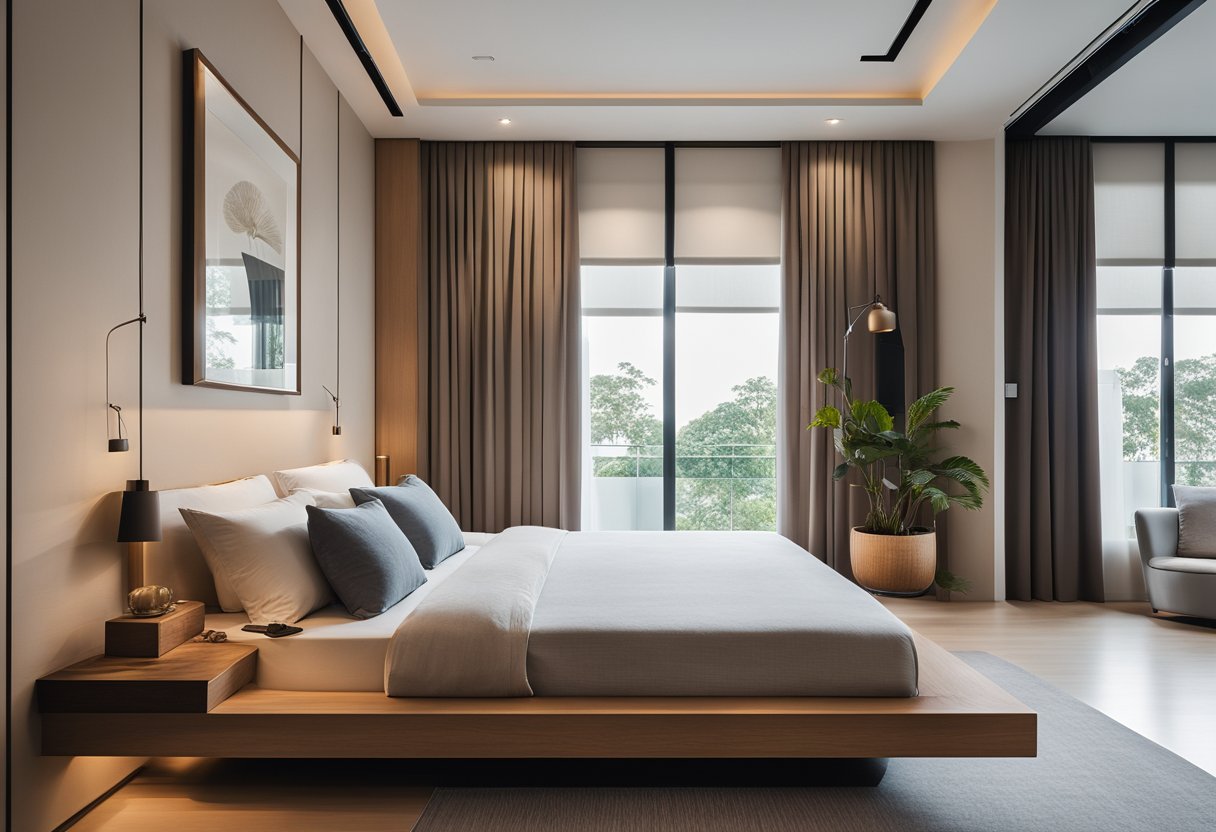 A cozy master bedroom in Singapore with minimalist decor, a low platform bed, and built-in storage. A large window lets in natural light, and the room is accented with neutral colors and warm wood tones