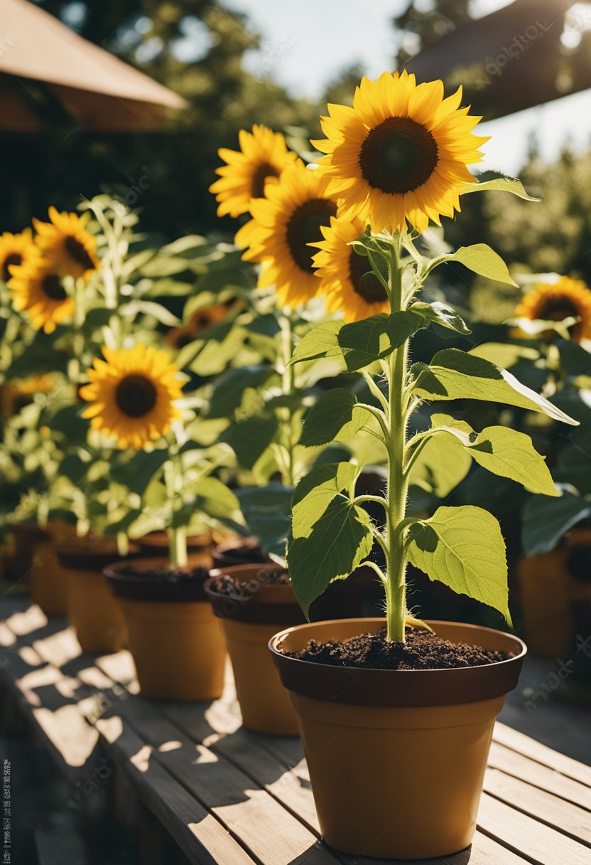 Sunflowers growing in various sized containers on a sunny patio. Tall, vibrant blooms reaching towards the sky