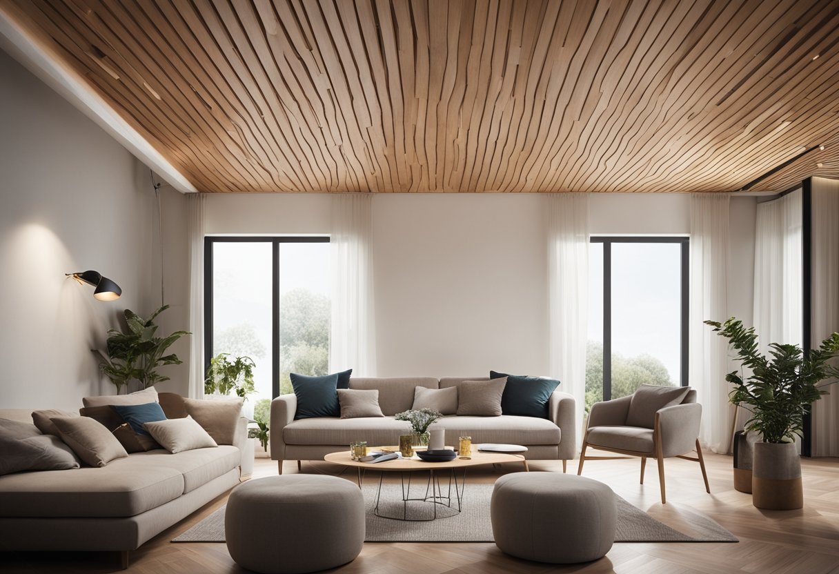 A simple wooden ceiling with clean lines and minimalistic design, creating a warm and inviting atmosphere in the living room