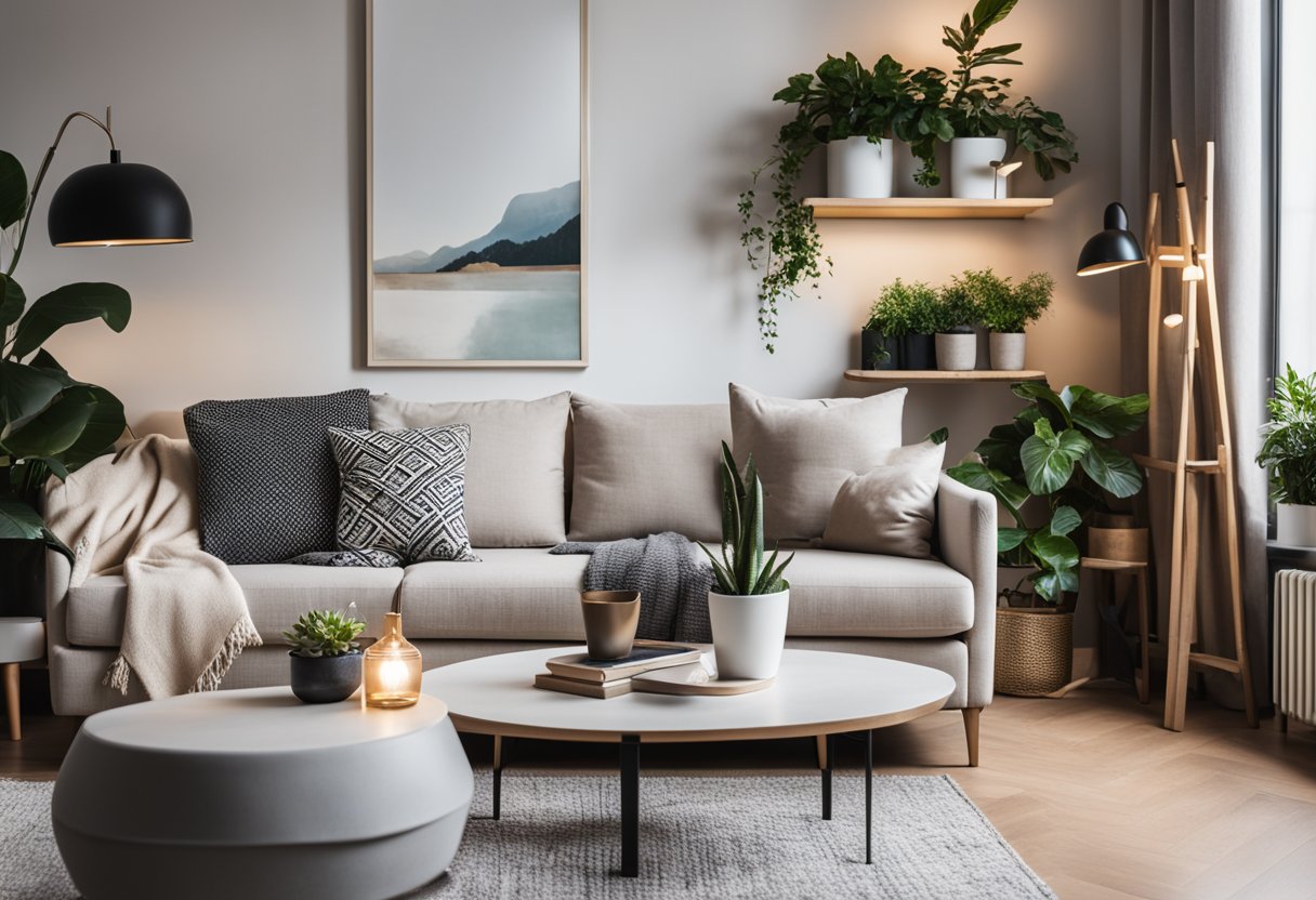 A cozy living room with a stylish sofa, coffee table, and wall art. A desk with a computer and design tools. Bright lighting and plants add a modern touch