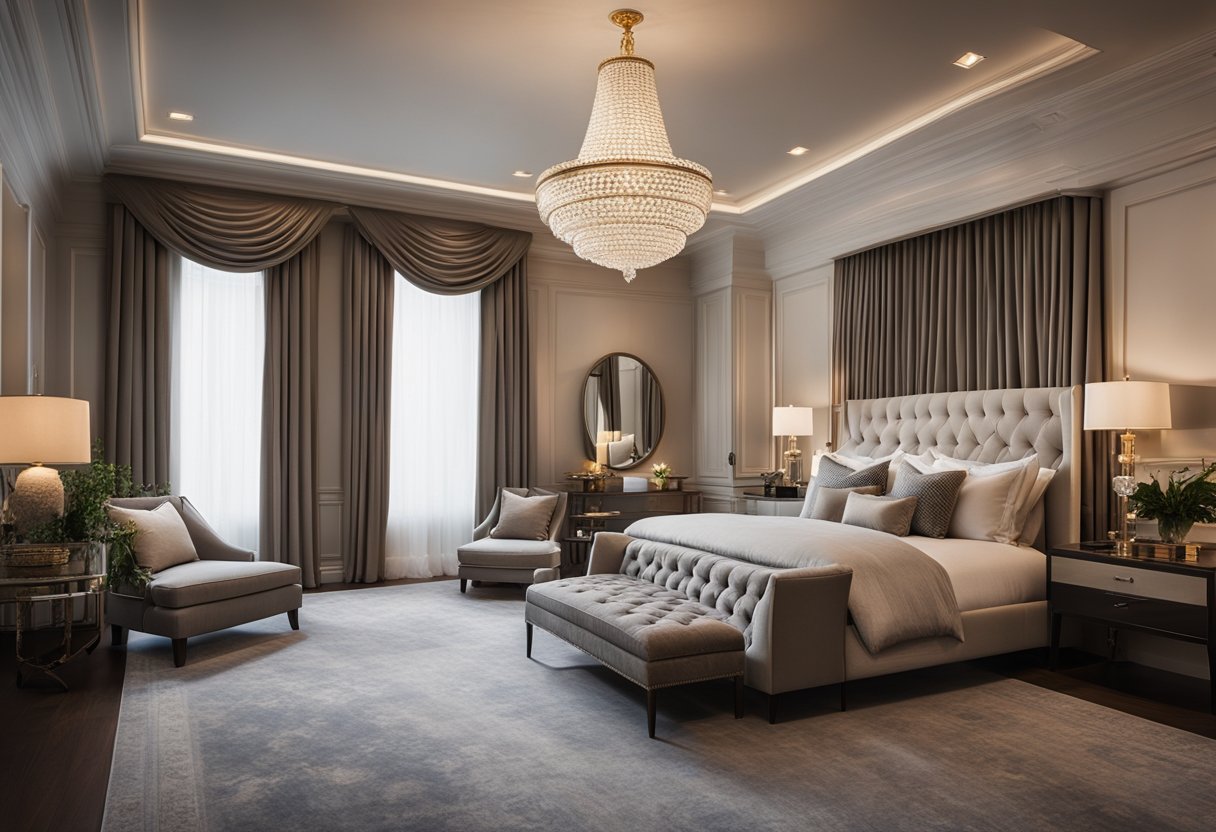 A spacious bedroom with a grand, upholstered bed, elegant chandelier, and luxurious drapes. A cozy sitting area with a fireplace and plush rug completes the opulent design
