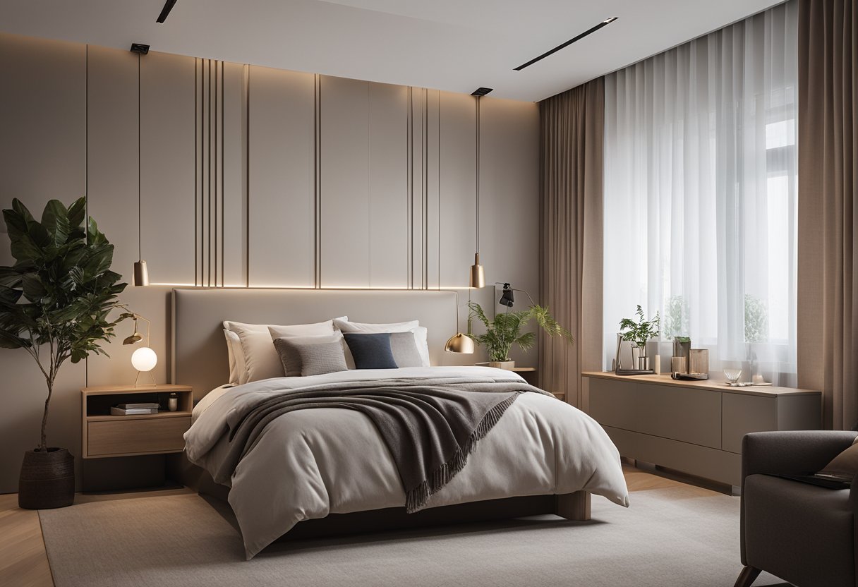 The small master bedroom is efficiently designed with space-saving furniture and clever storage solutions. A neutral color palette and strategic lighting create a cozy yet spacious atmosphere