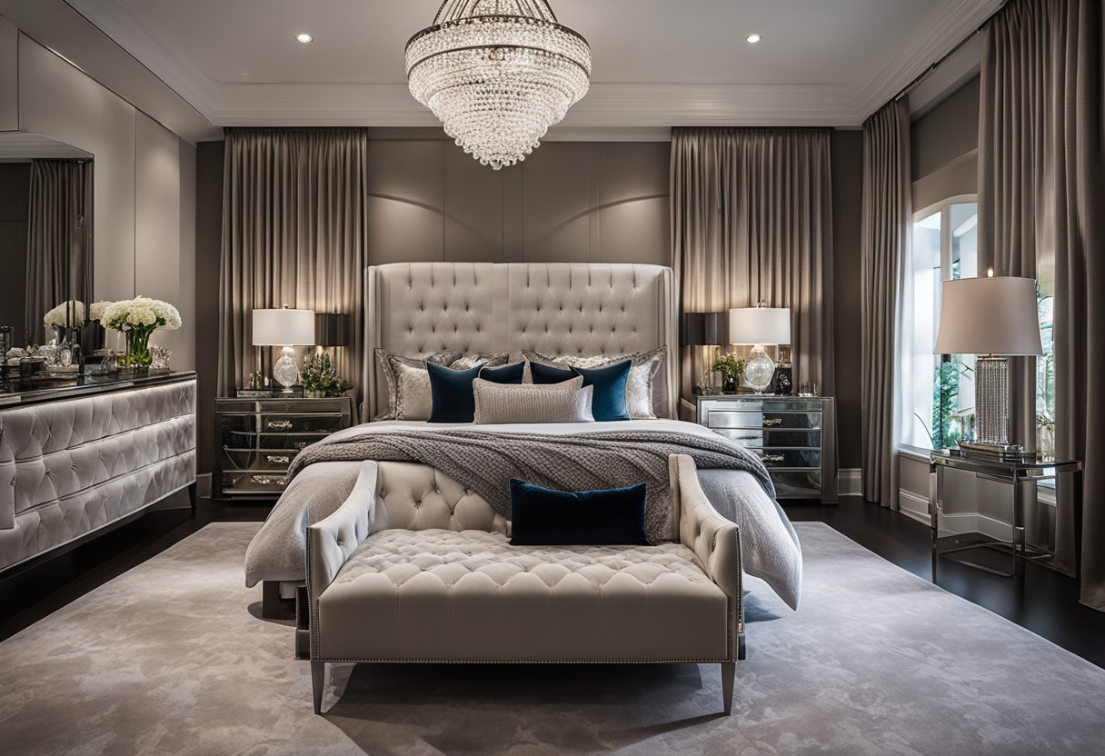 A chandelier hangs above a king-sized bed with plush throw pillows. A mirrored nightstand holds a designer lamp, while a velvet armchair sits in the corner. Silver accents and a statement rug complete the luxurious bedroom design