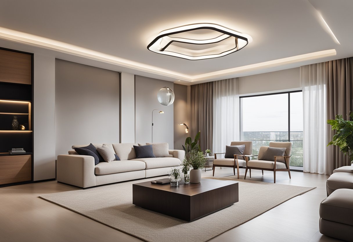 A living room with a simple, clean ceiling design. Minimalist lighting fixtures and neutral colors create a modern and spacious atmosphere