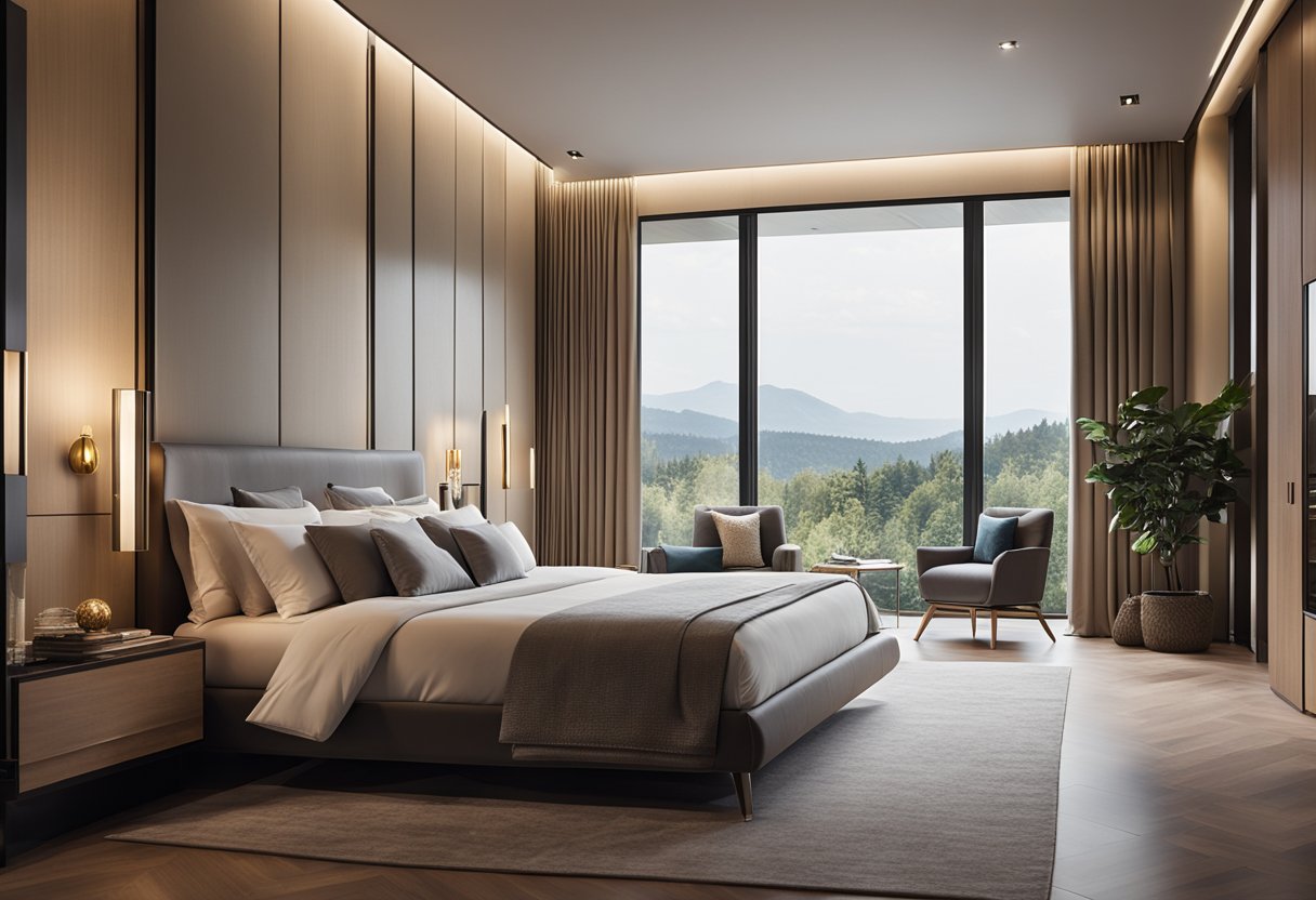 A luxurious bedroom with elegant furniture, soft lighting, and plush bedding. A large window offers a view of a serene landscape