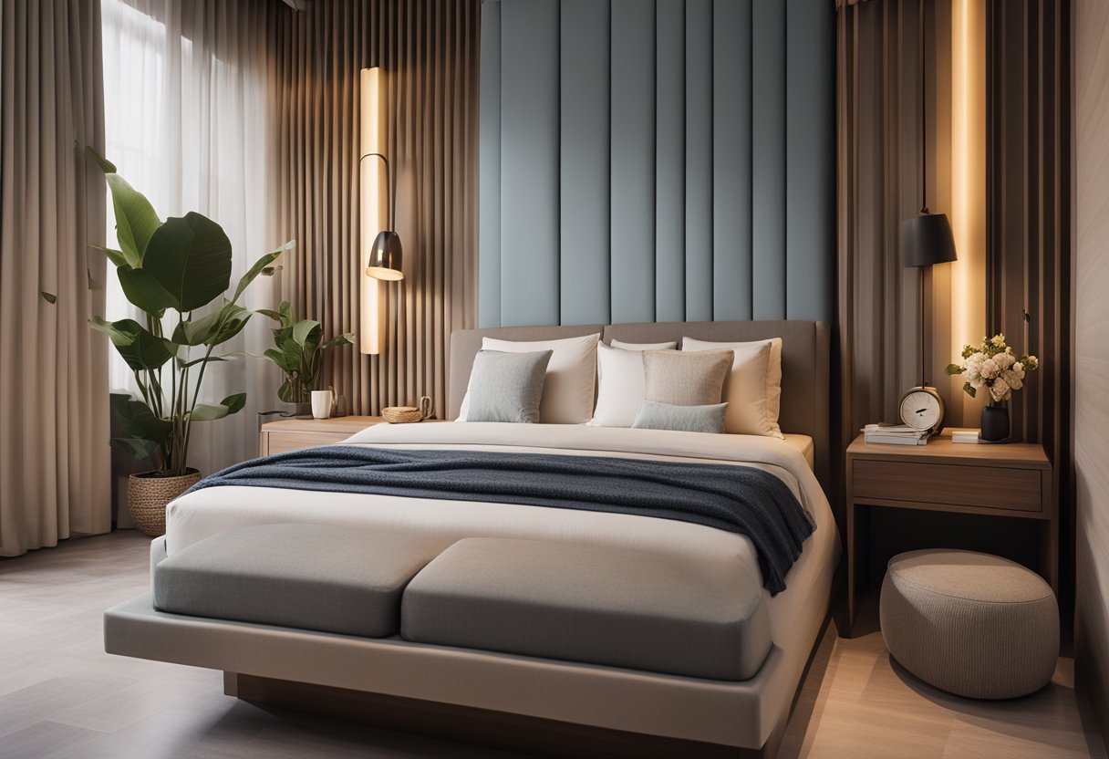 A cozy small master bedroom in Singapore, featuring warm lighting, a plush bed with soft pillows, a sleek and modern bedside table, and a serene color palette