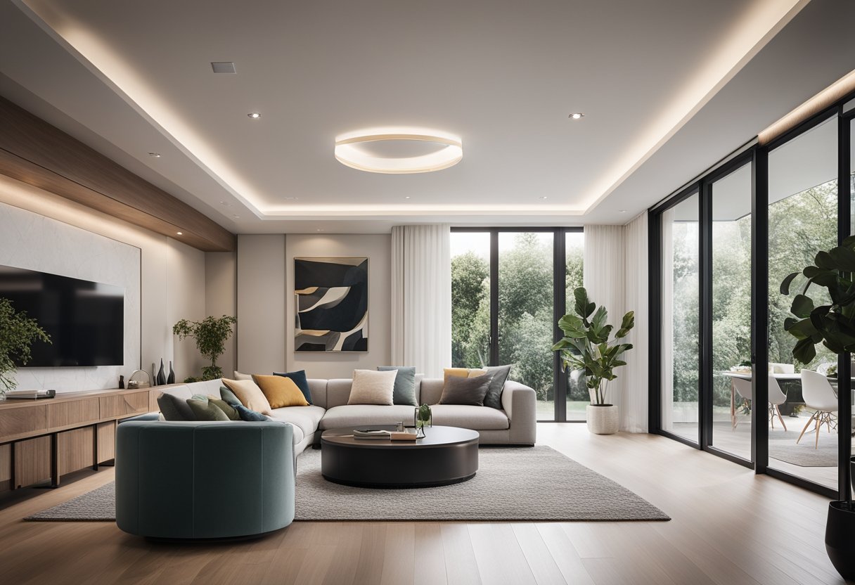 A living room with a simple ceiling design featuring clean lines, minimalistic detailing, and a neutral color palette