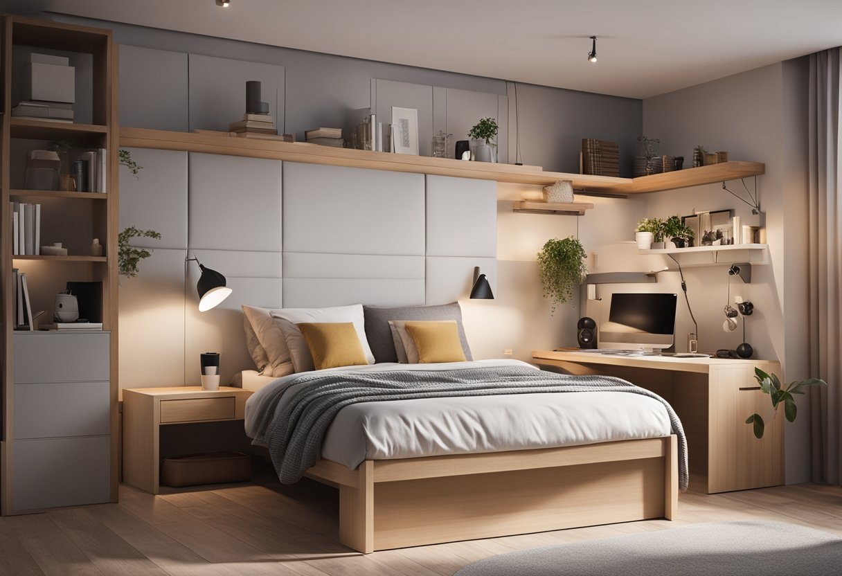 A cozy, compact bedroom with clever storage solutions and a minimalist design. A small bed is nestled against a wall, with a small desk and chair in the corner