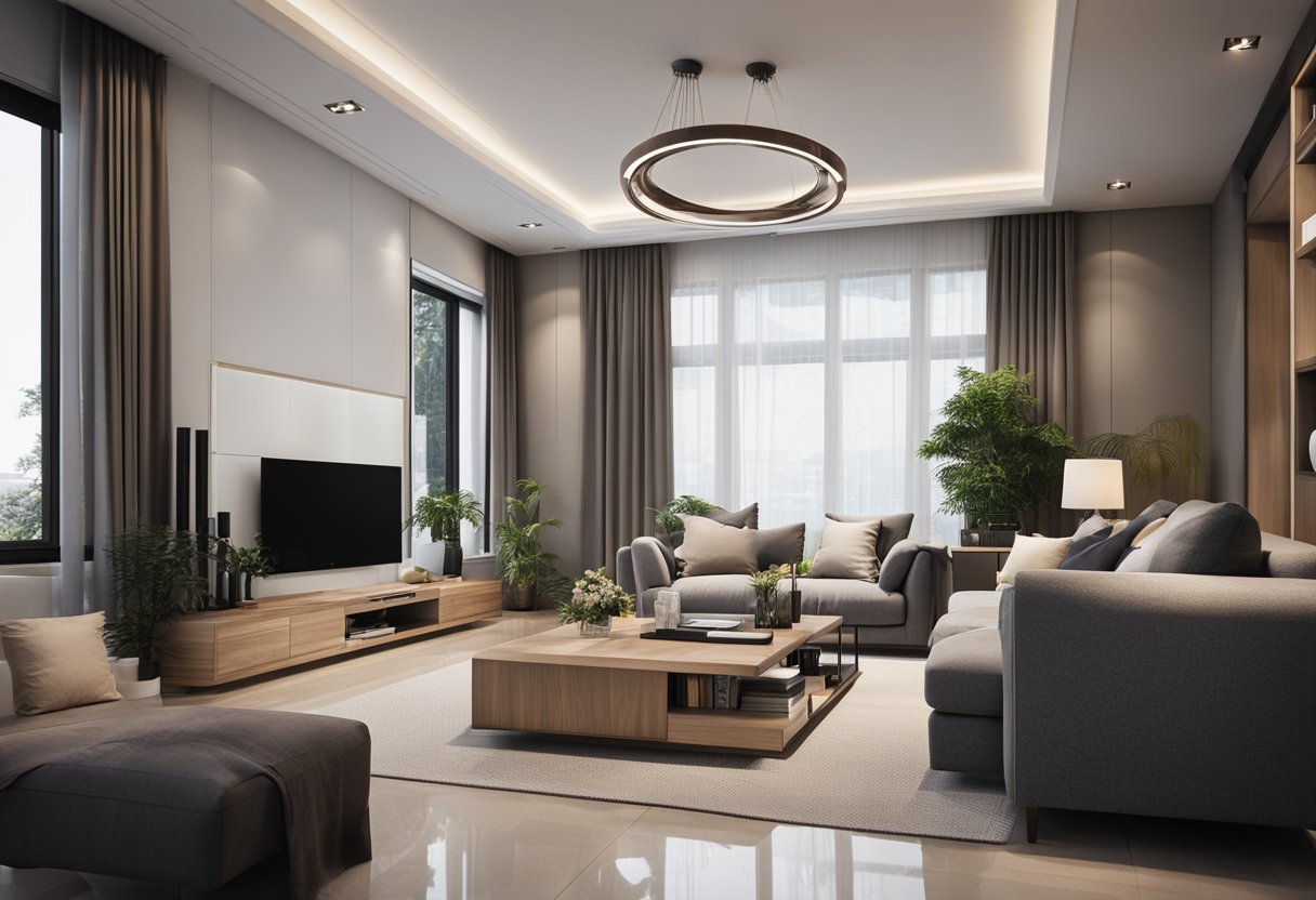 The living room has a simple ceiling design with stylish features and decor ideas