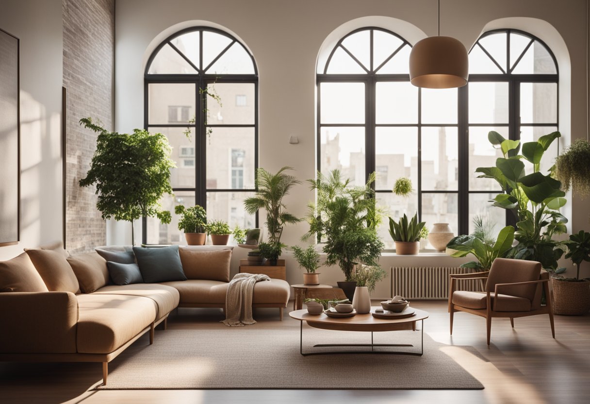 A serene living room with earthy tones, minimal furniture, and soft lighting. A large window lets in natural light, and potted plants add a touch of nature