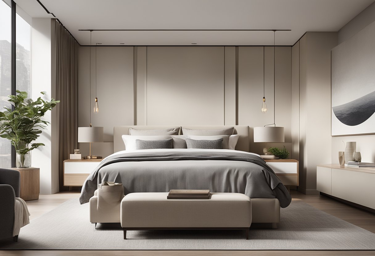 A sleek, minimalist master bedroom with a platform bed, clean lines, and neutral color palette. Large windows let in natural light, and modern artwork adorns the walls