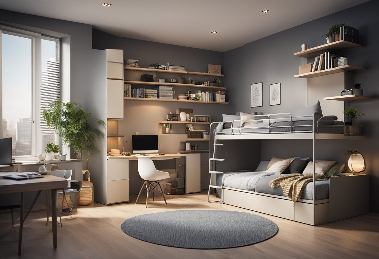 A compact bedroom with a loft bed, built-in storage, and foldable furniture, maximizing space and functionality