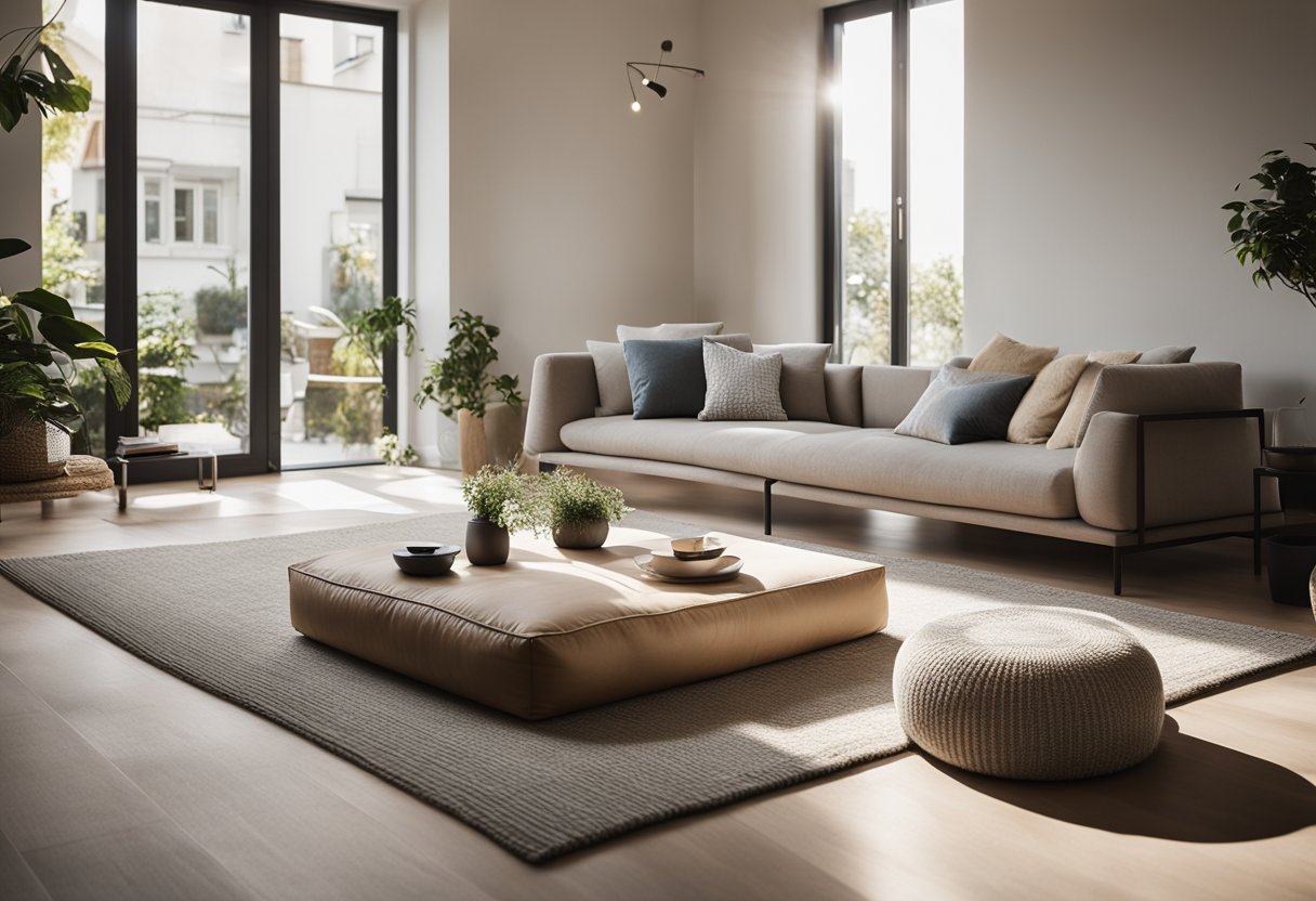A serene living room with minimal furniture, natural light, and neutral colors. A large floor cushion and low table create a cozy meditation space