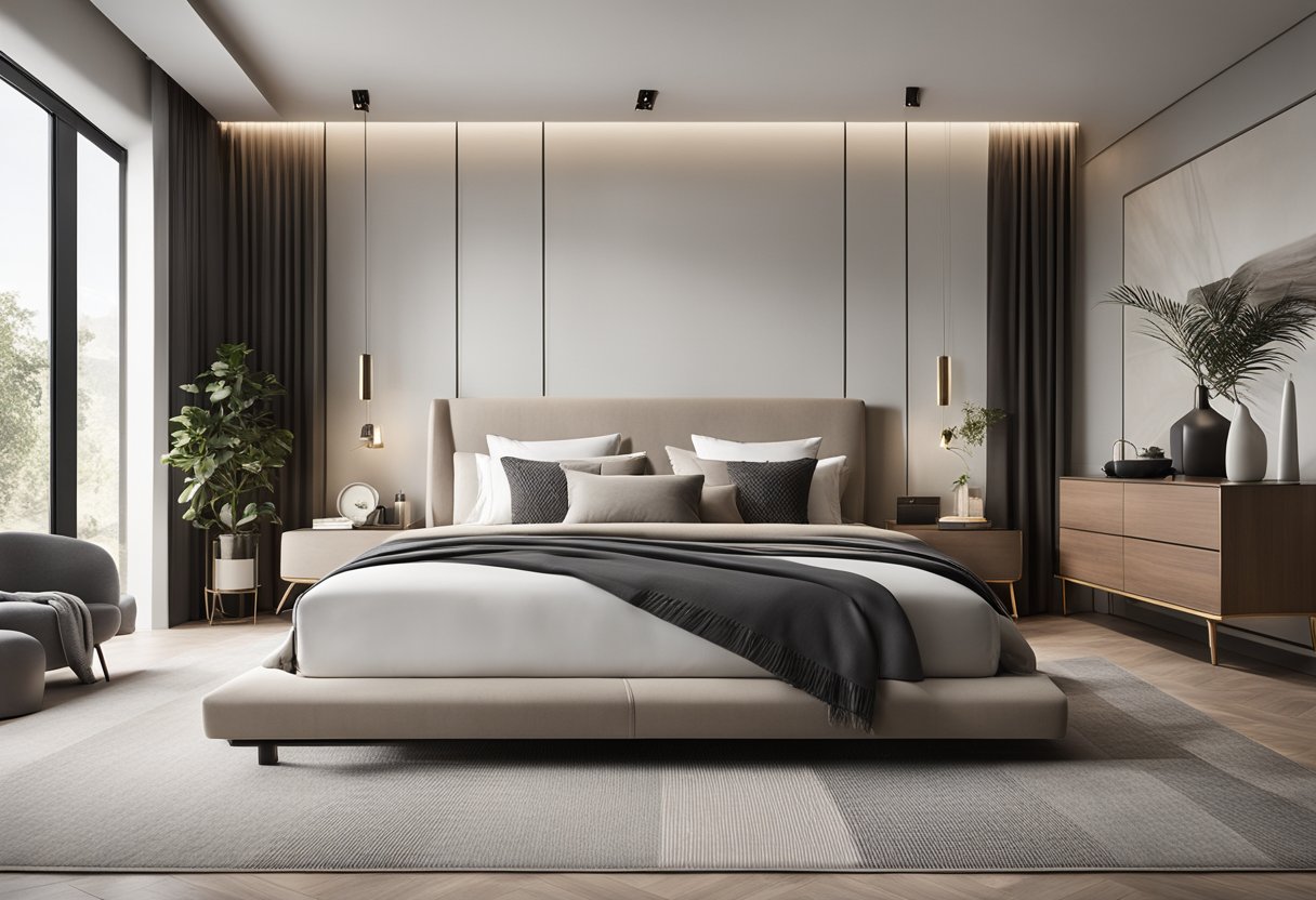 A spacious, minimalist master bedroom with clean lines, neutral colors, and luxurious textures. A large, comfortable bed with a sleek headboard, soft lighting, and modern artwork on the walls