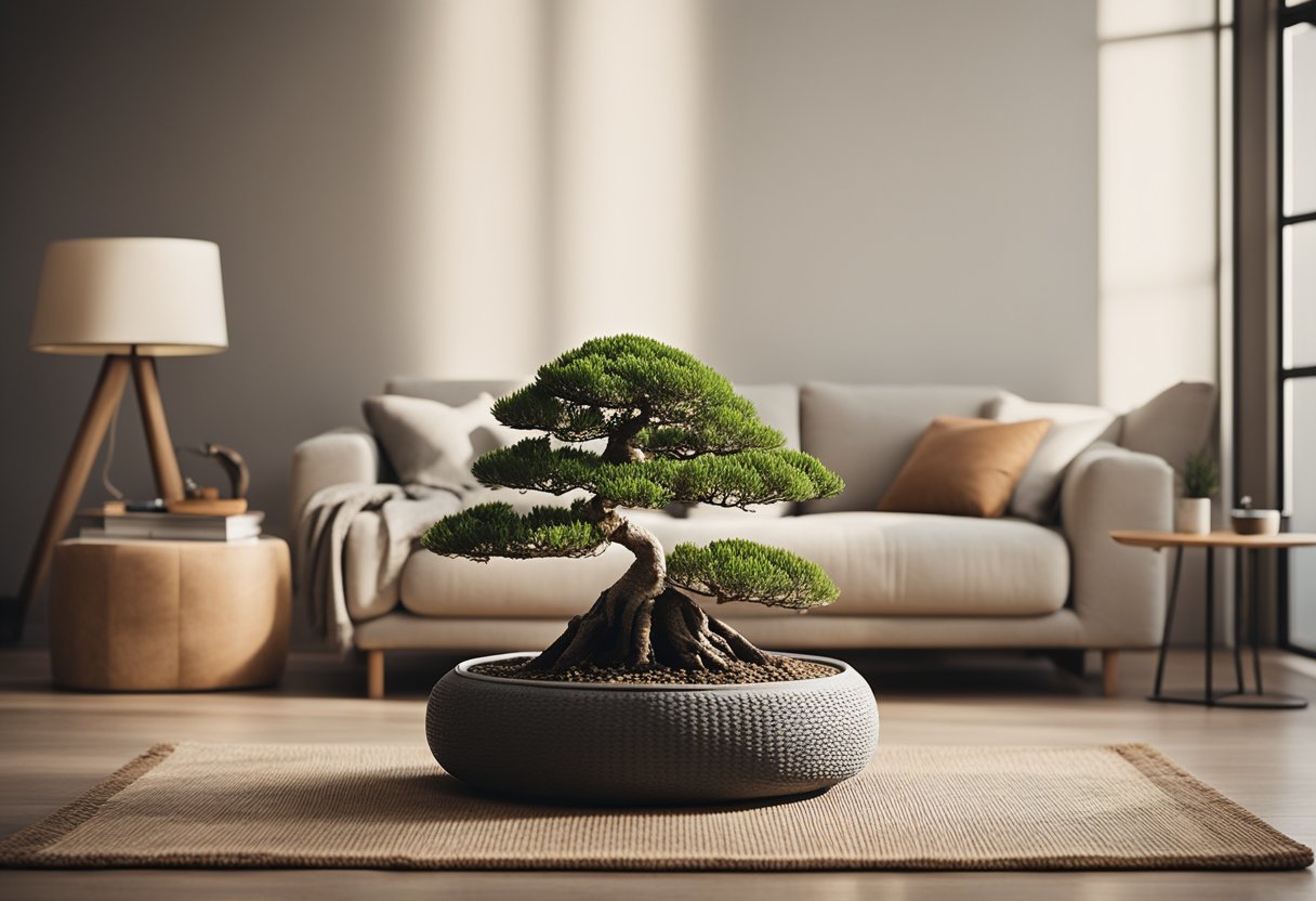 A serene living room with minimalist furniture, soft natural lighting, and calming earthy tones. A low table with a bonsai tree and a floor cushion completes the tranquil Zen atmosphere