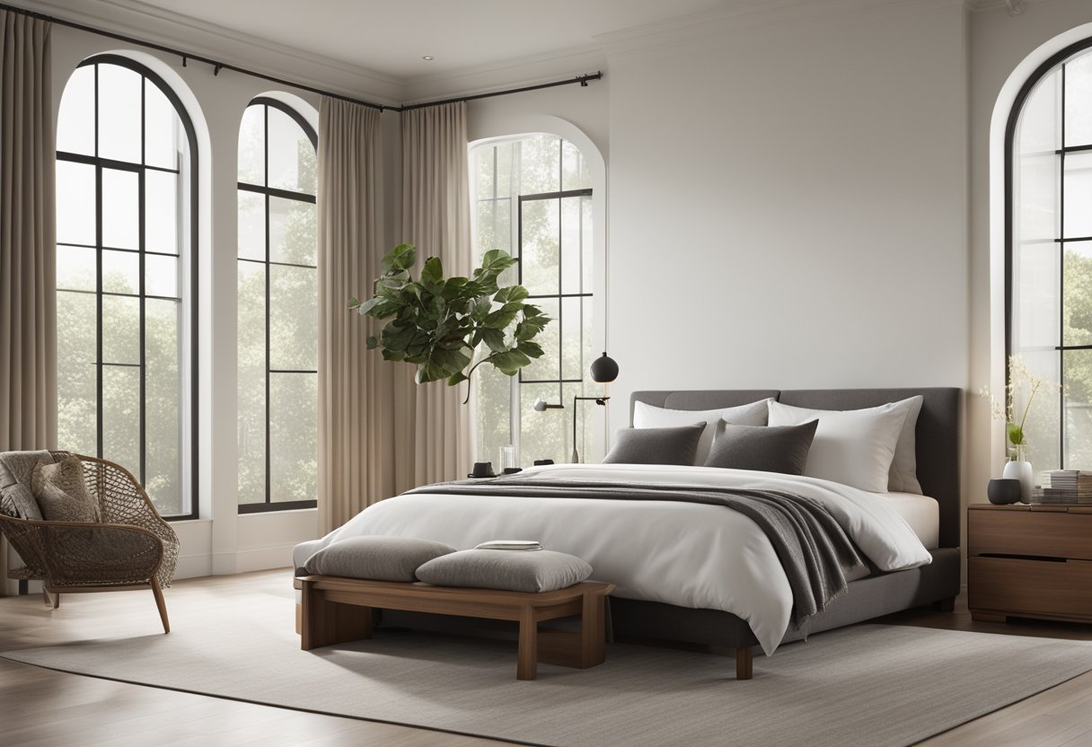A sleek, minimalist master bedroom with a king-sized bed, clean lines, and neutral tones. A large window lets in natural light, and a cozy reading nook sits in the corner