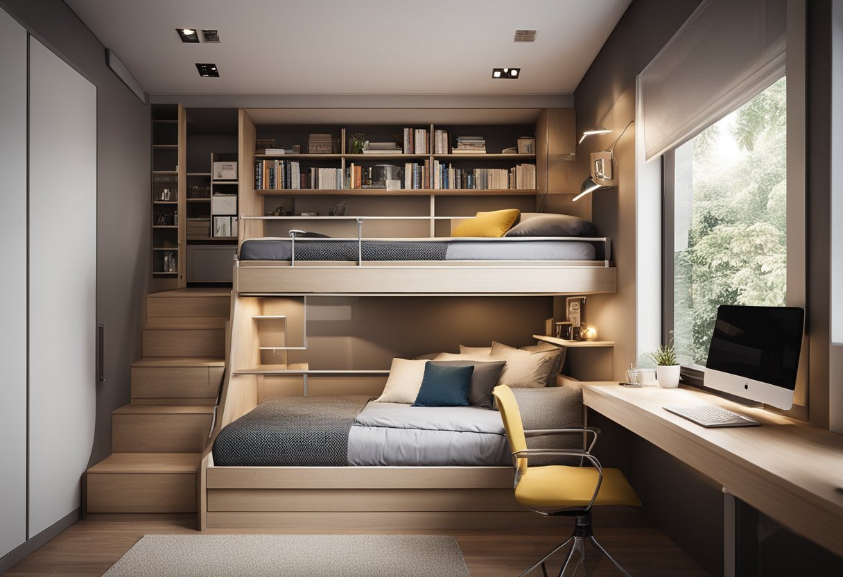 A compact bedroom with a loft bed, built-in storage under the bed, wall-mounted shelves, and a folding desk
