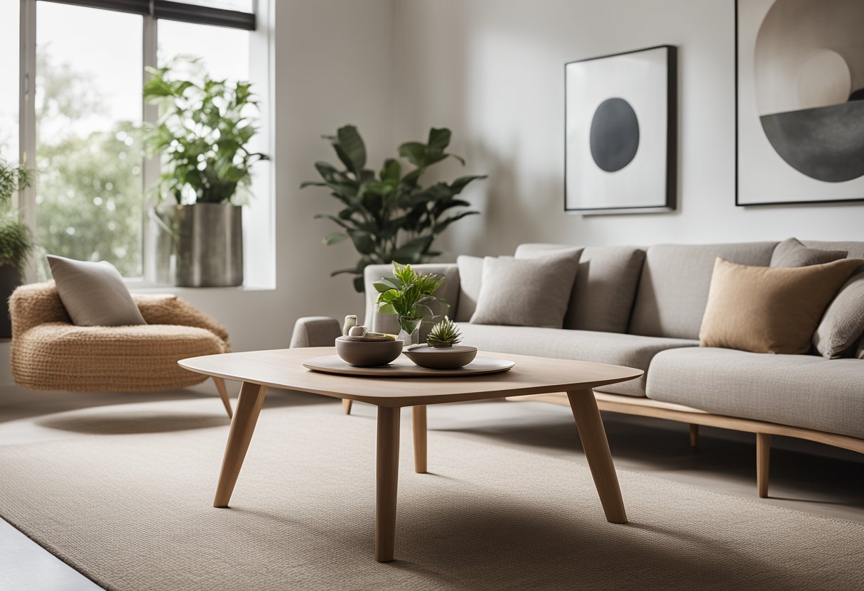 A serene living room with minimalistic furniture, natural light, and neutral colors. A low coffee table with a few carefully placed decorative items. Zen-inspired artwork on the walls