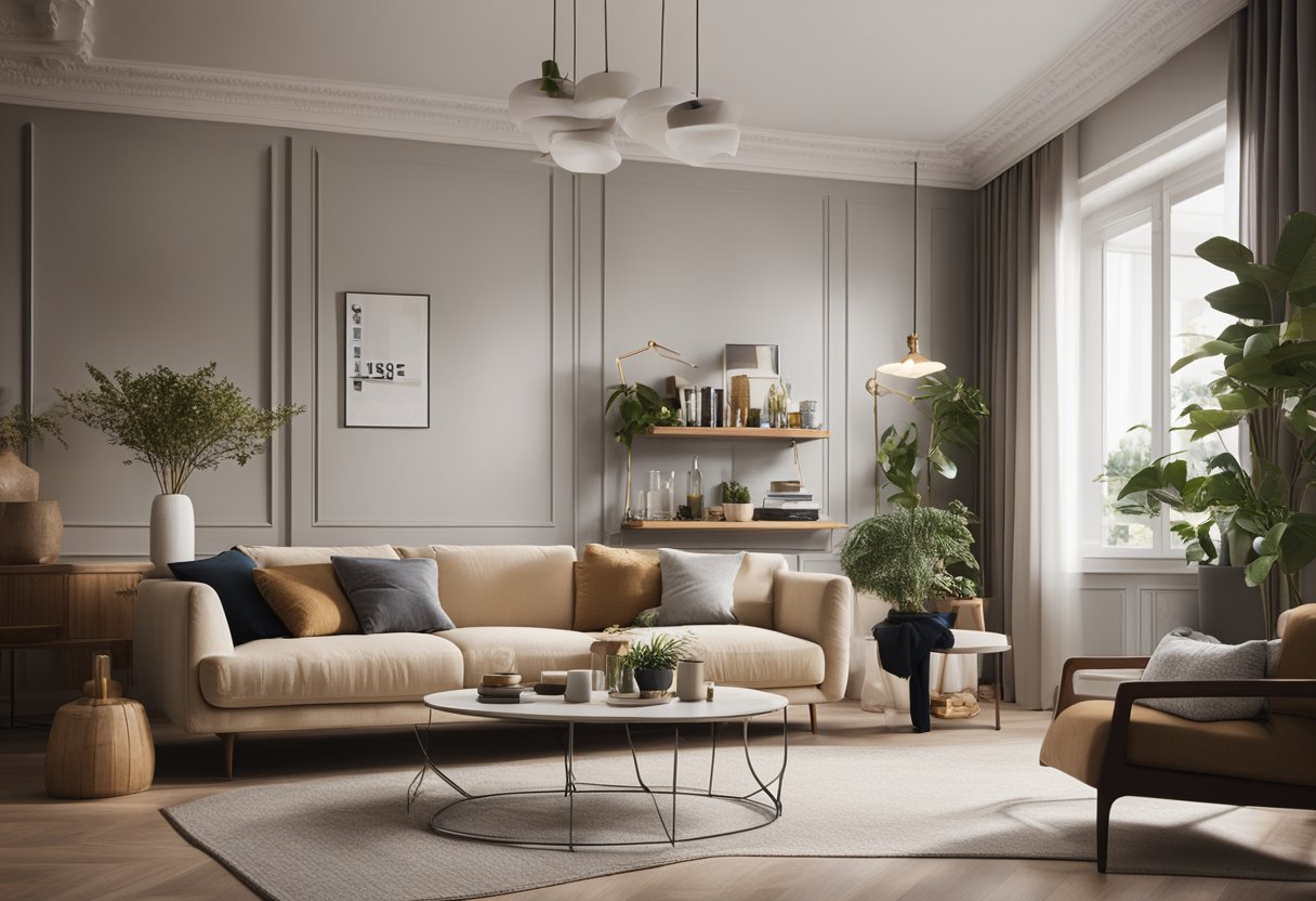 A cozy living room with a corner table featuring elegant, modern designs and a warm, inviting ambiance