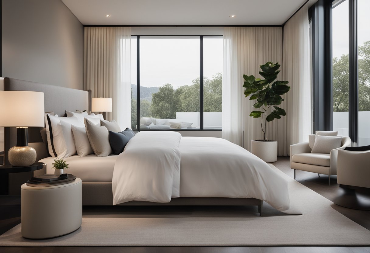 A sleek, minimalist master bedroom with clean lines, neutral colors, and modern furniture. A large, comfortable bed with crisp, white linens is the focal point, surrounded by contemporary nightstands and lighting fixtures
