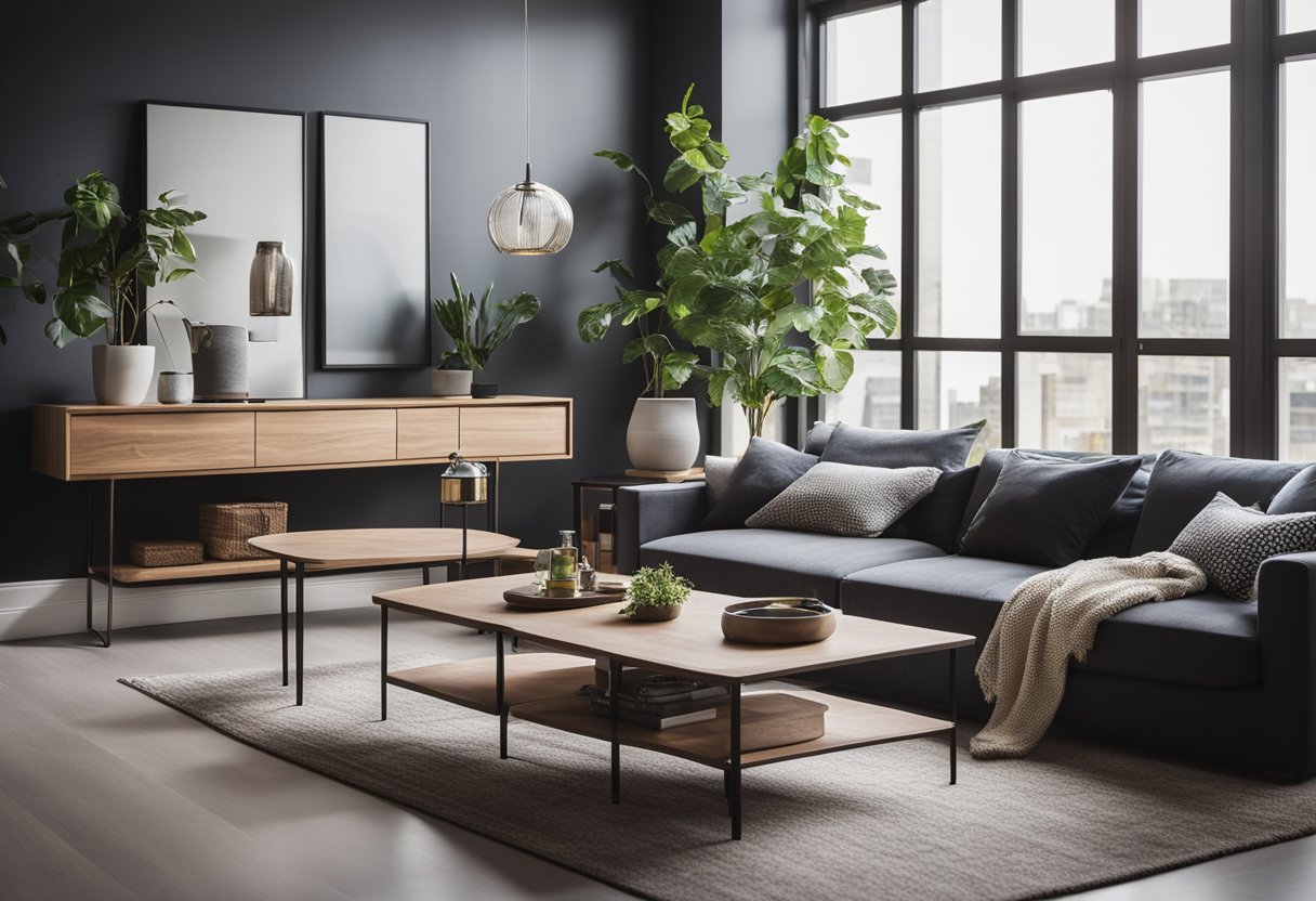 A cozy living room with stylish corner tables, positioned to maximize space and enhance the room's design