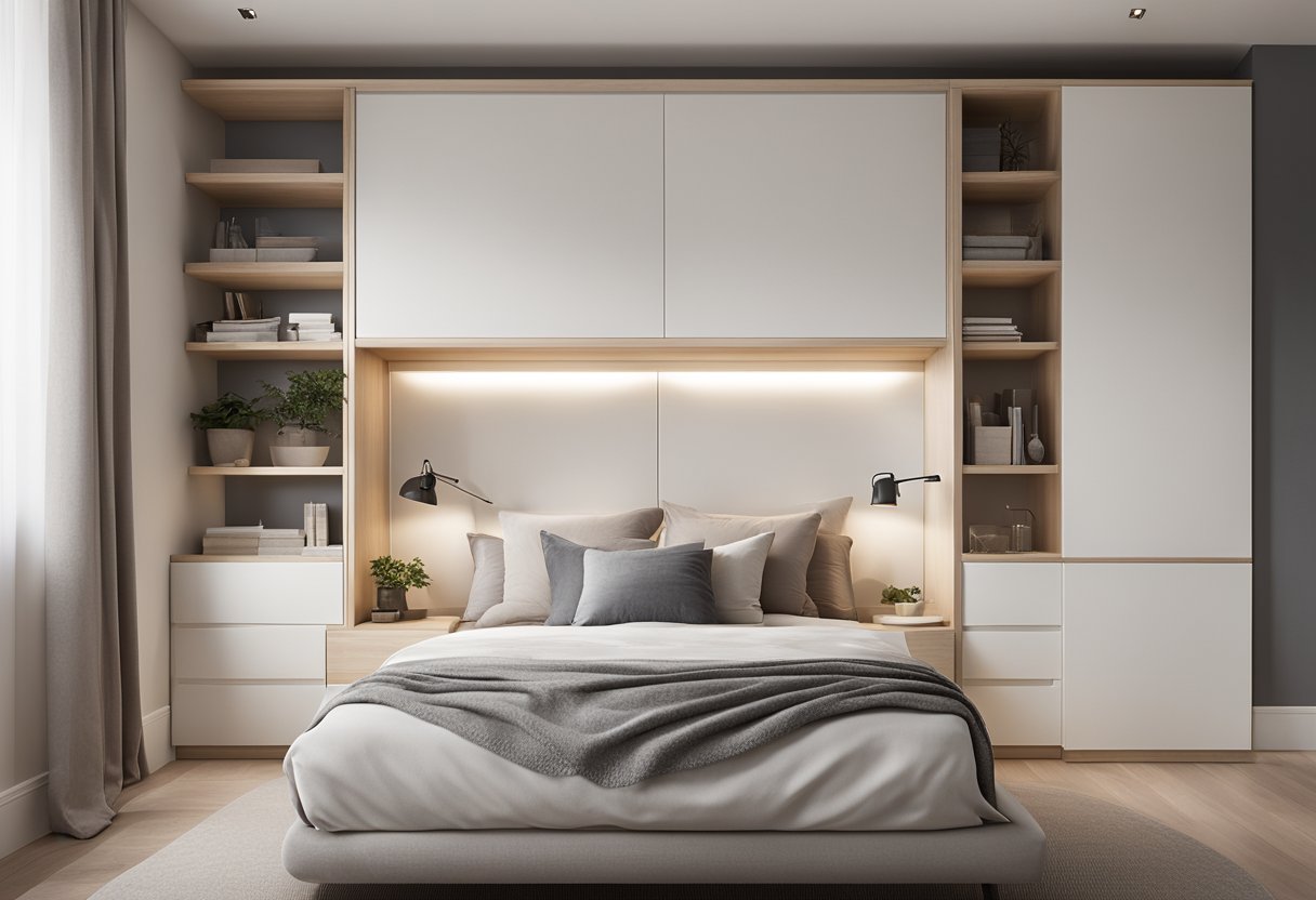 A minimalist bedroom with built-in storage, a wall-mounted desk, and a fold-down bed to maximize space. Light colors and strategic lighting create an airy feel