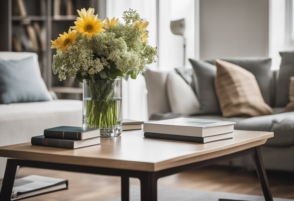 A corner table with sleek lines and a modern design sits in a well-lit living room, adorned with a vase of fresh flowers and a stack of books