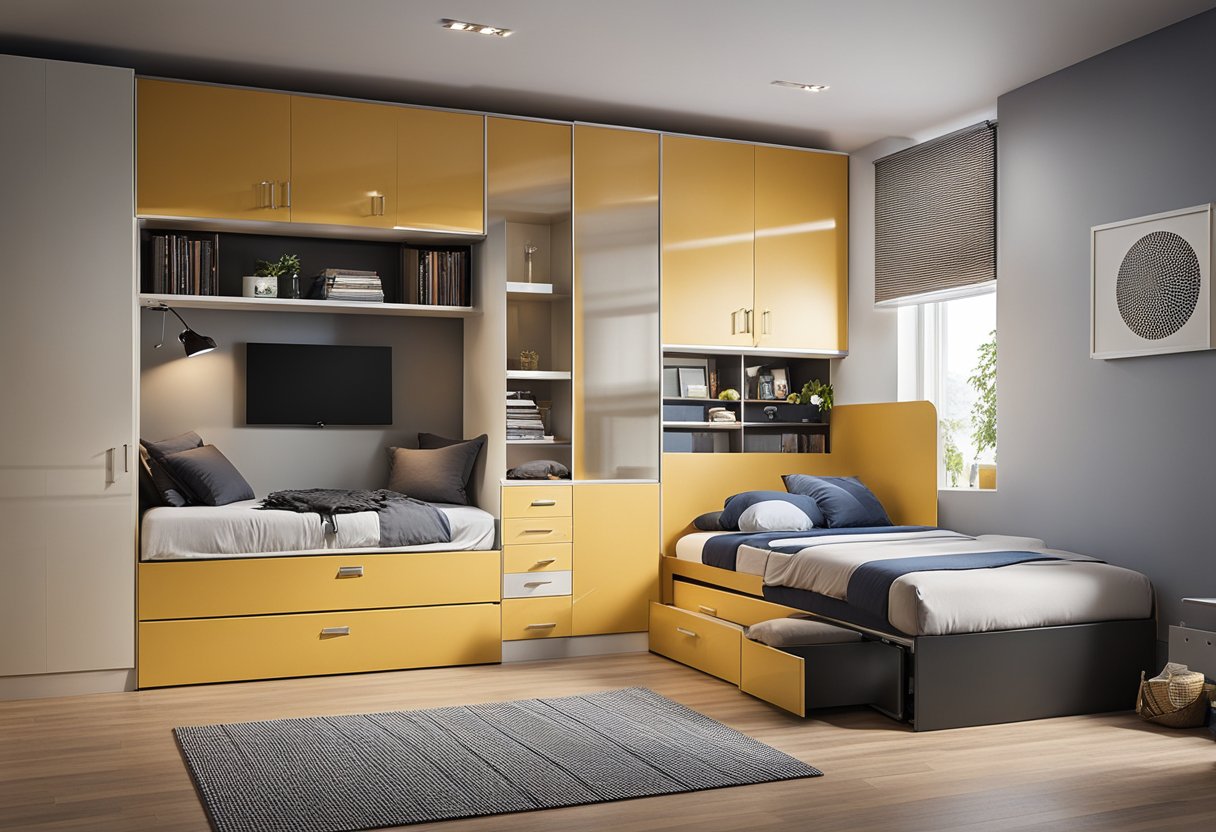 A compact bedroom with built-in storage, fold-down furniture, and multi-functional fixtures to maximize space