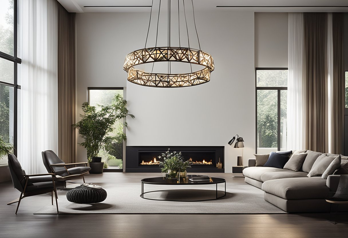 A sleek, geometric chandelier hangs from a high ceiling in a spacious, contemporary living room. Its clean lines and minimalist design exude modern elegance