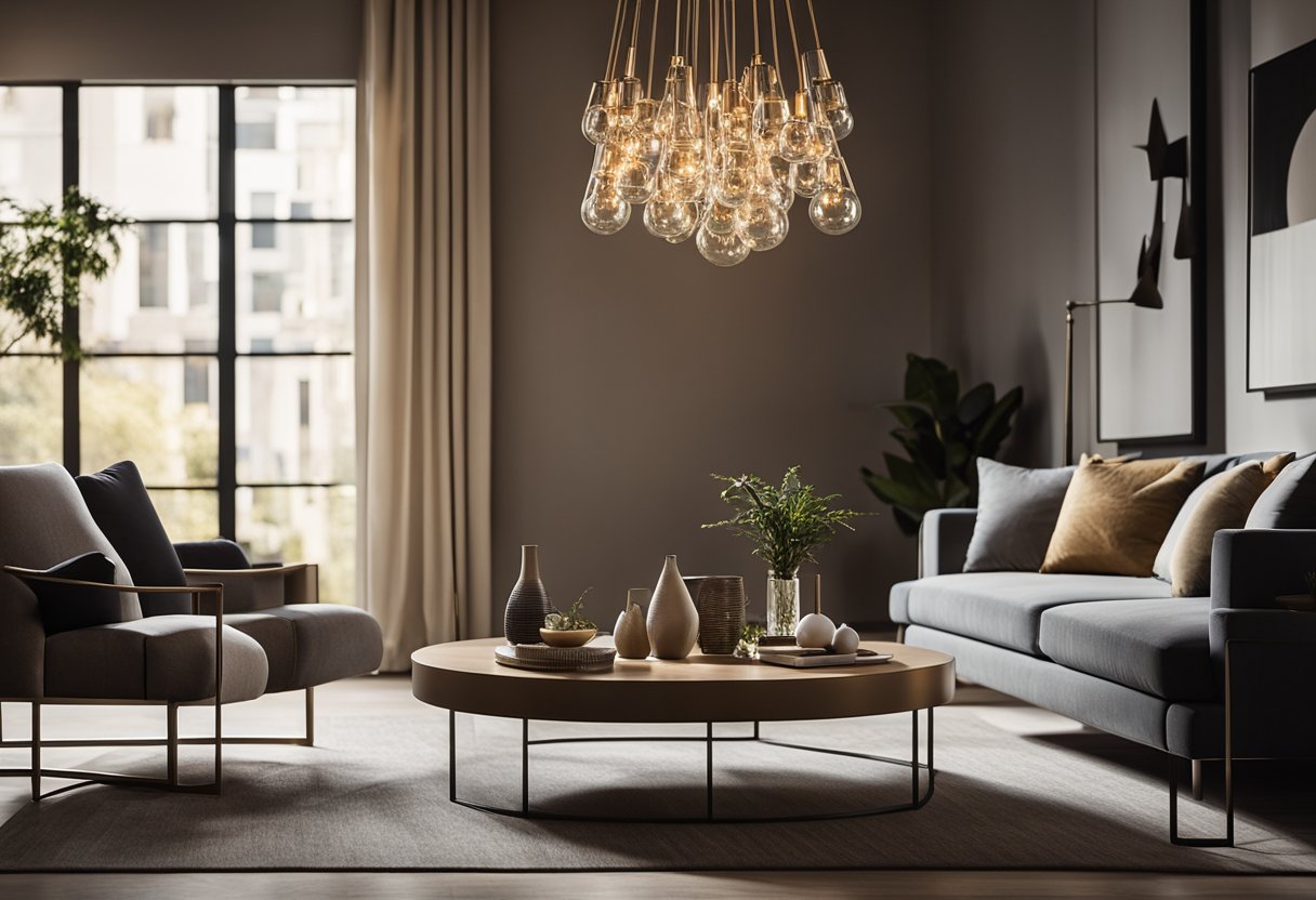 A sleek, geometric chandelier hangs from the ceiling of a contemporary living room, casting a warm, ambient glow over the modern furnishings and decor