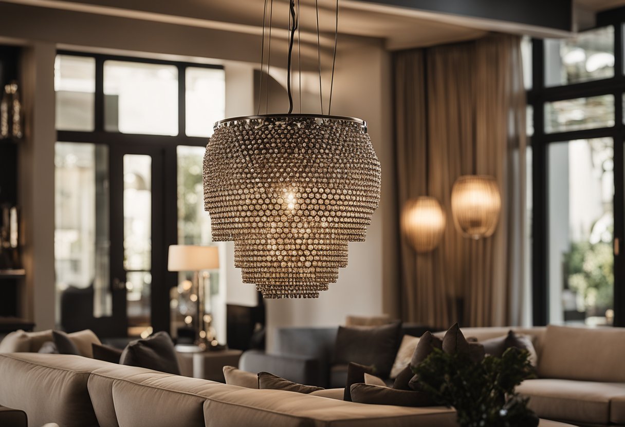 A sleek, contemporary chandelier hangs elegantly in a spacious living room, casting a warm, ambient glow over the modern furnishings and decor