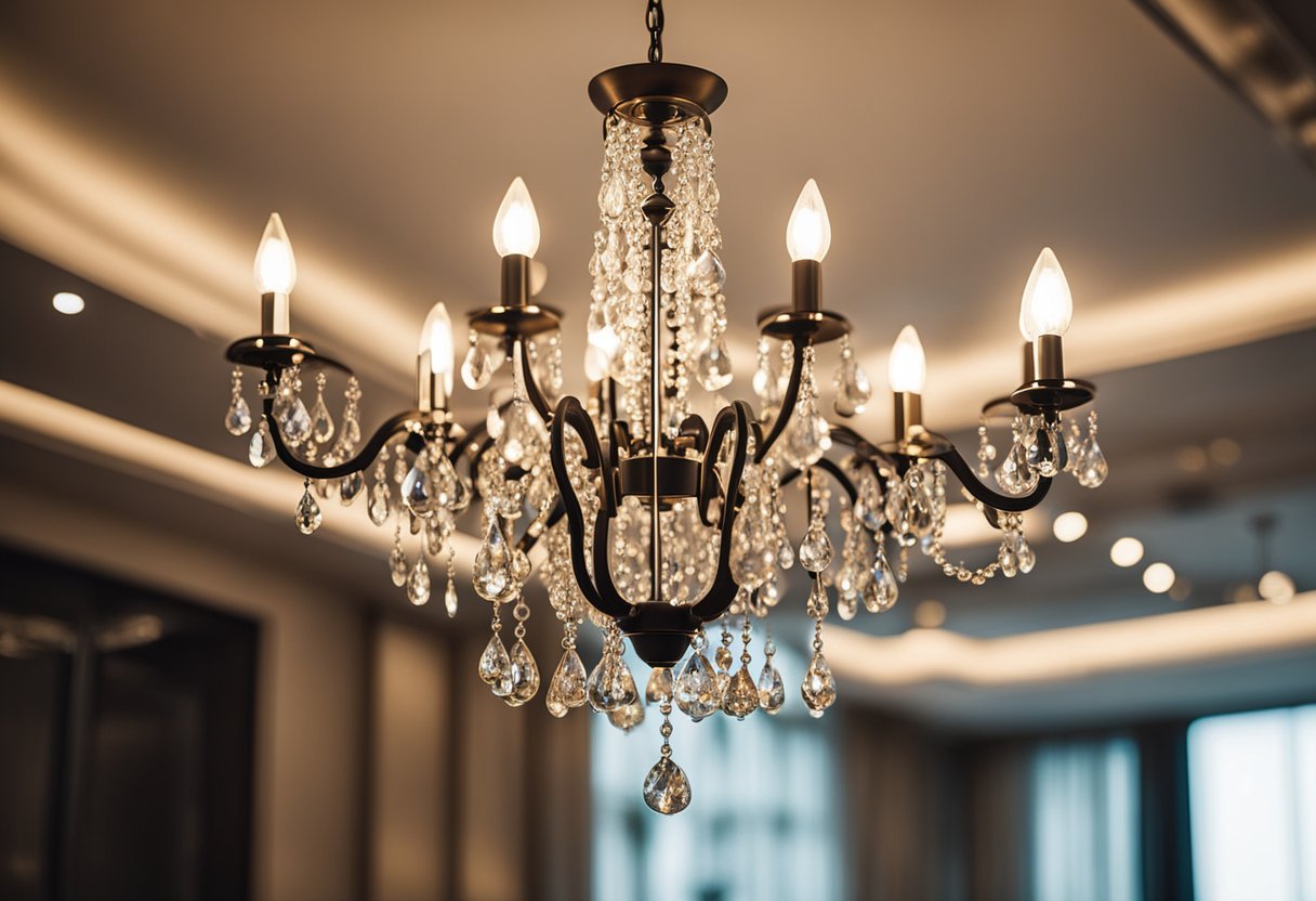 A modern chandelier hangs above a stylish living room, casting a warm glow and adding a touch of elegance to the space