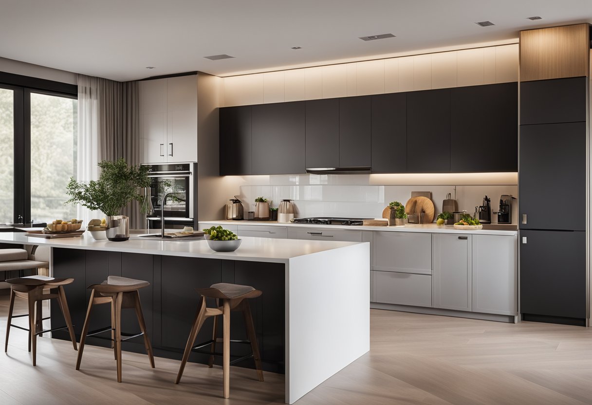 A modern kitchen and living room divided by a sleek, minimalist divider with clean lines and neutral colors. The kitchen side features stainless steel appliances, while the living room side has a cozy sofa and a stylish coffee table