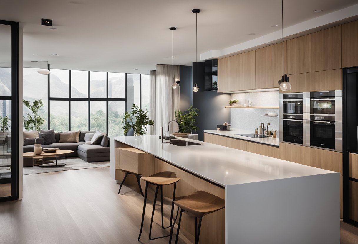 A modern kitchen and living room connected by a sleek, open divider with clean lines and a mix of materials like wood and glass