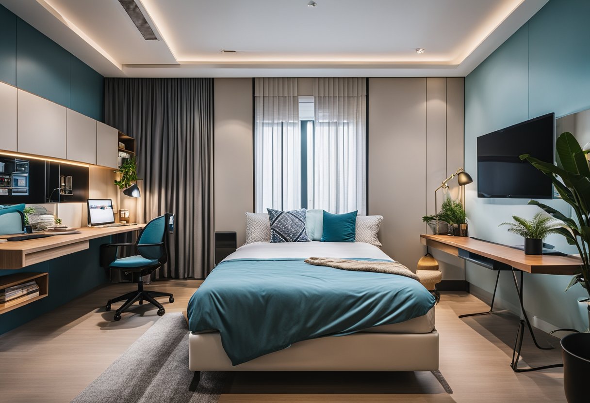 A modern teenage bedroom in Singapore with a sleek study desk, a comfortable bed, and colorful decor