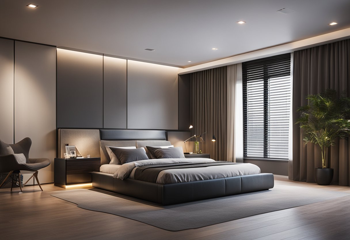 A spacious master bedroom with a sleek platform bed, minimalist decor, and soft lighting
