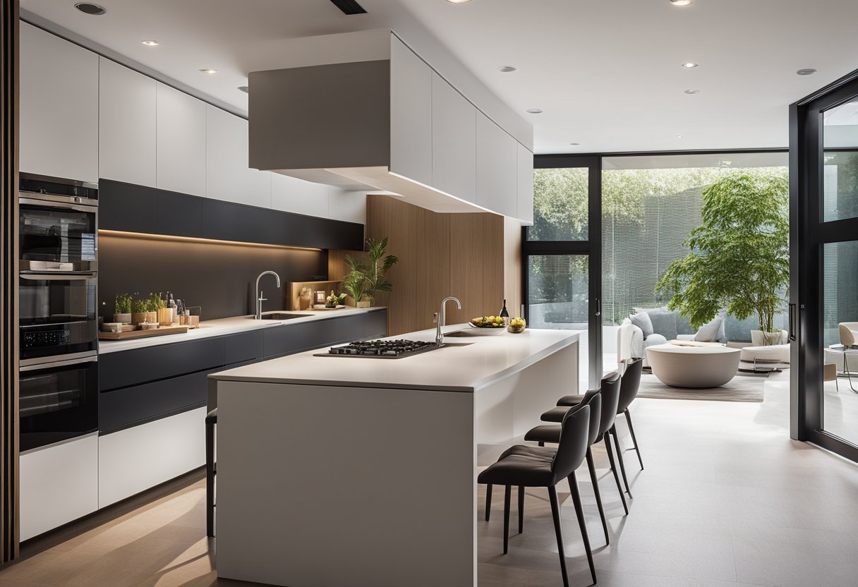 An open-plan kitchen flows into a modern living room, separated by a sleek and stylish divider. The divider features both functional storage and aesthetic design elements, adding a touch of sophistication to the space
