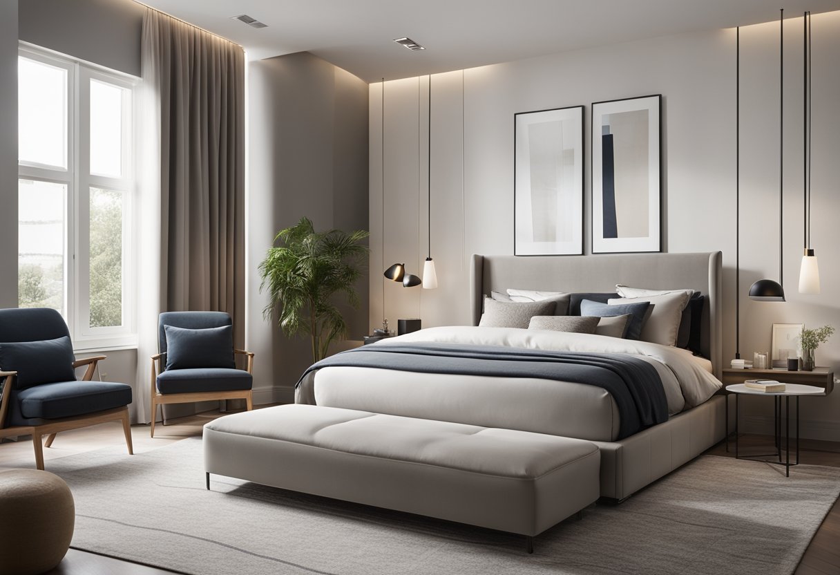 A spacious master bedroom with a sleek platform bed as the focal point. Clean lines and minimalist decor create a modern and serene atmosphere