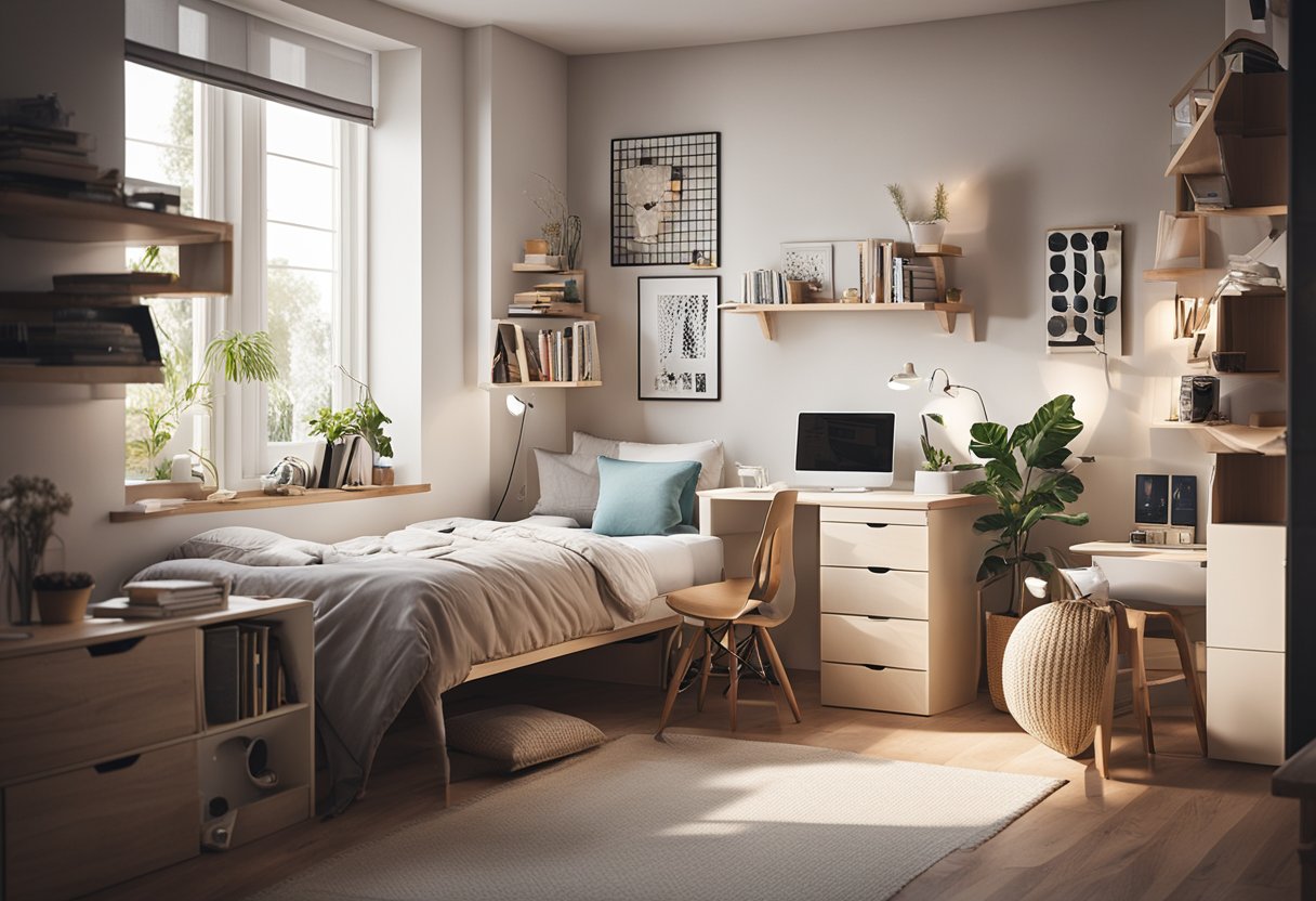 A cozy, organized teenage bedroom with a study desk, storage shelves, a comfortable bed, and trendy decor. Bright, natural light filters in through large windows, creating a welcoming and functional space