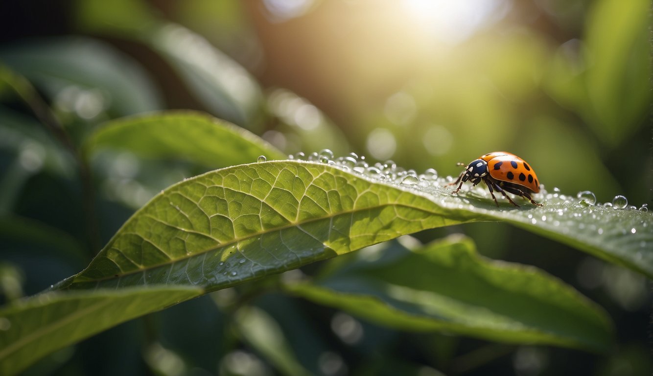 Insects scatter from aromatic herbs. A spider weaves a web near a garden. A ladybug lands on a leaf
