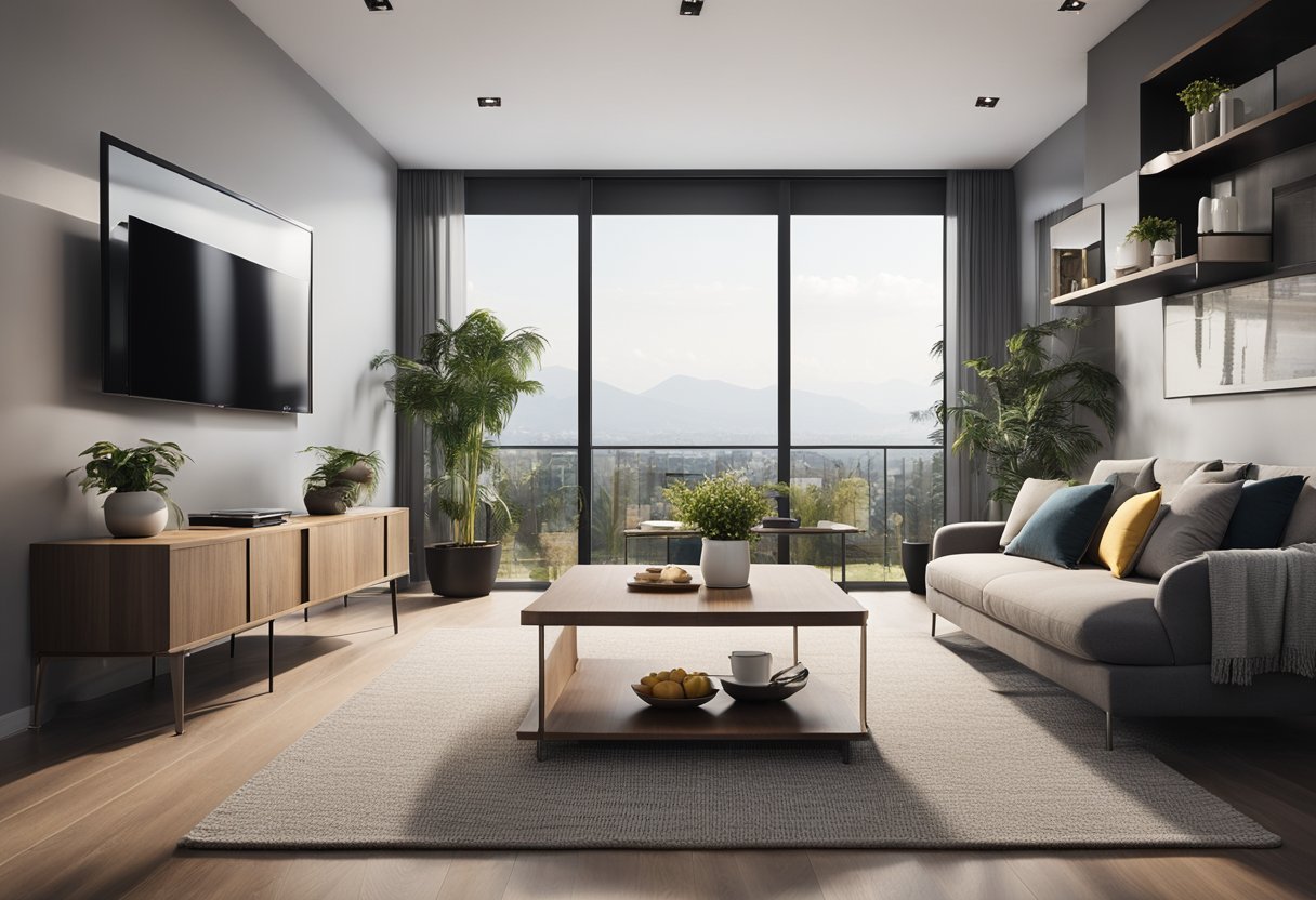 A modern living room with a cozy sofa, coffee table, and TV. The kitchen features sleek appliances, a dining table, and a breakfast bar
