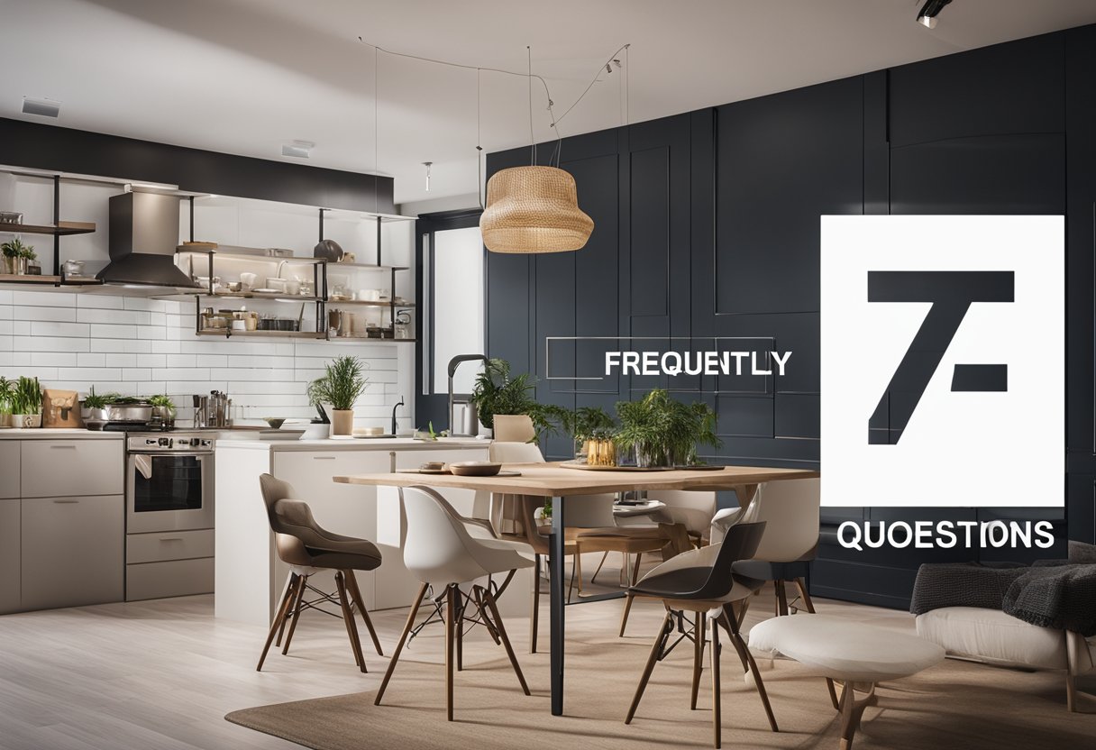 A kitchen and living room connected by a stylish divider with "Frequently Asked Questions" written on it. Bright, modern decor and cozy furniture