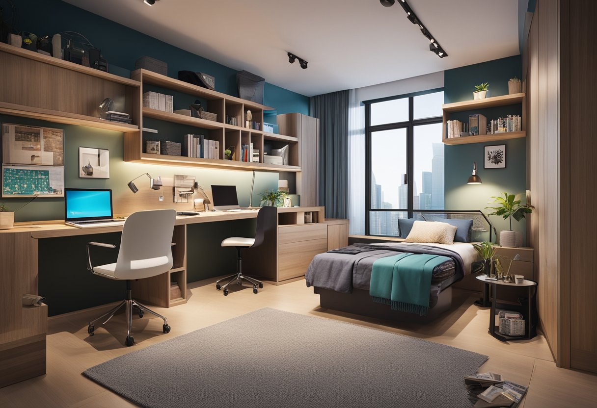 A cozy teenage bedroom in Singapore with modern furniture and vibrant decor, featuring a study area, a comfortable bed, and stylish storage solutions