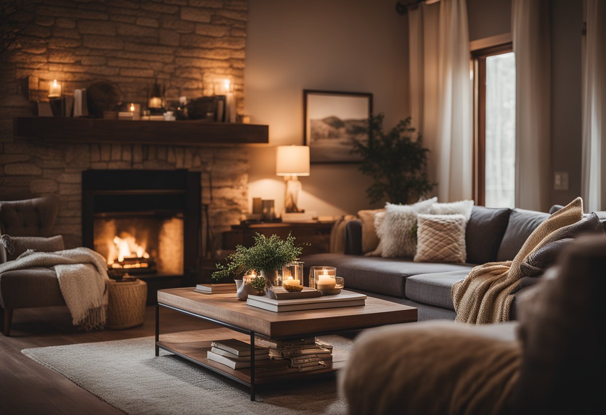 A cozy living room with a crackling fireplace, plush couches, and soft, warm lighting. Books and blankets are scattered around, creating a comfortable and inviting atmosphere