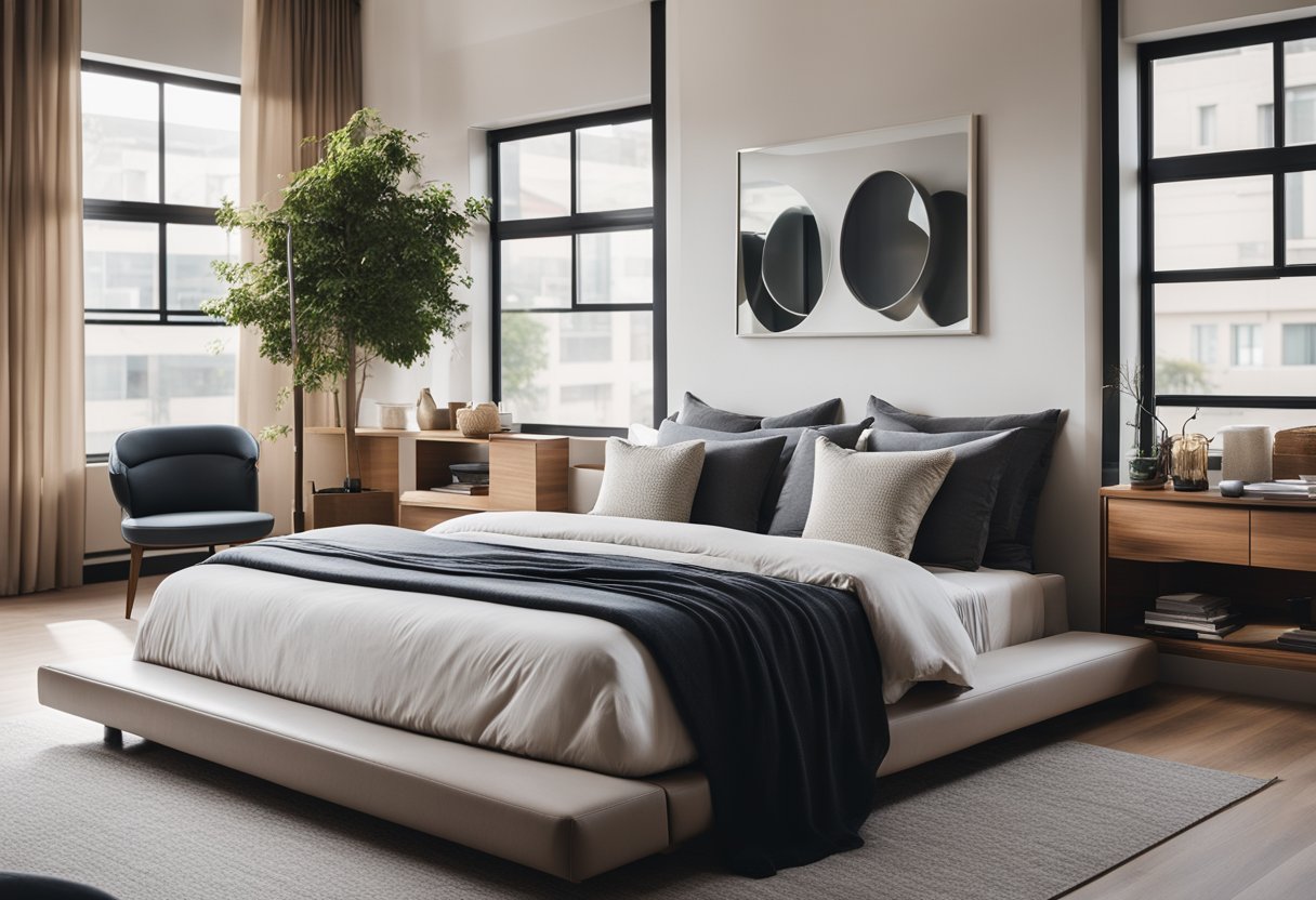 A spacious master bedroom with a modern platform bed, sleek furniture, and a cozy reading nook by the window