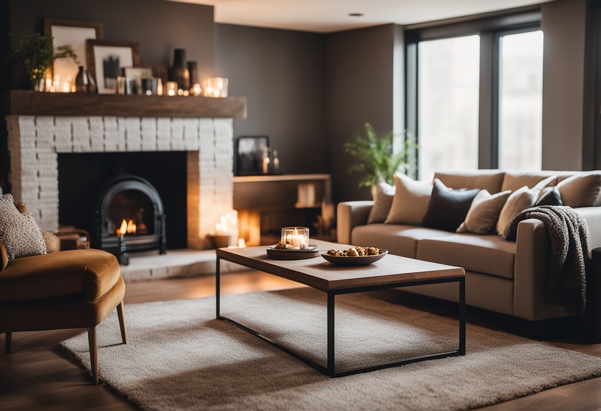 A cozy living room with rich, warm colors and soft textures. A plush rug, velvet throw pillows, and a crackling fireplace add to the inviting atmosphere