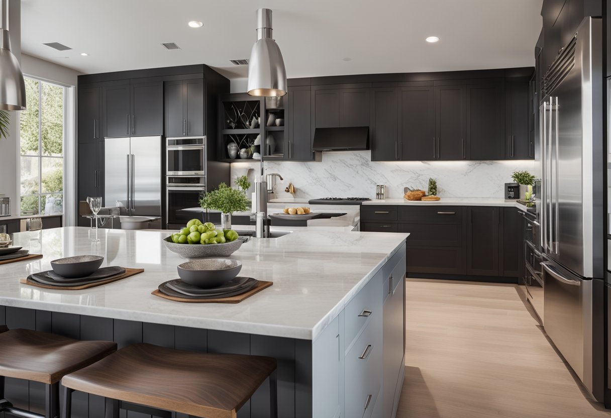 A sleek, open-concept modern kitchen with stainless steel appliances, marble countertops, and a large island. The living room features a minimalist design with comfortable seating and large windows for natural light