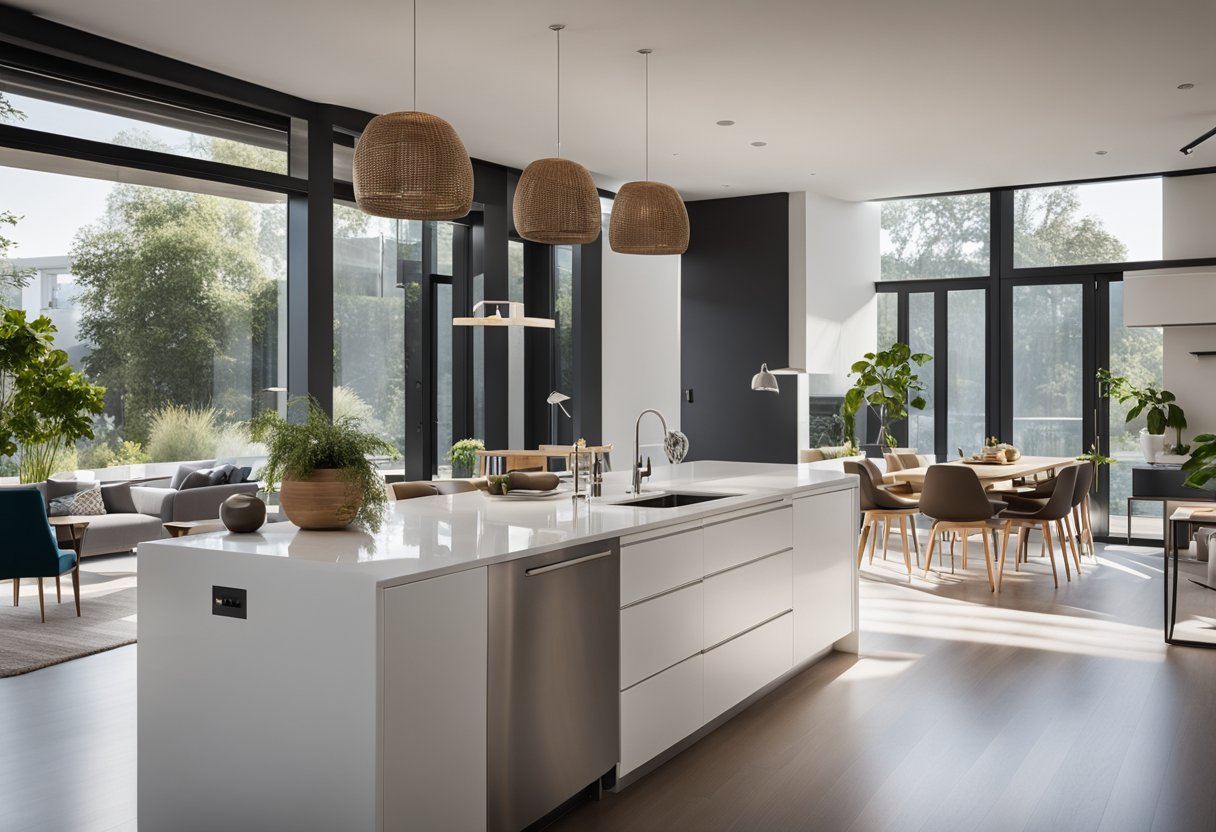 A sleek, open-concept kitchen flows seamlessly into a contemporary living room, featuring clean lines, minimalist furniture, and abundant natural light
